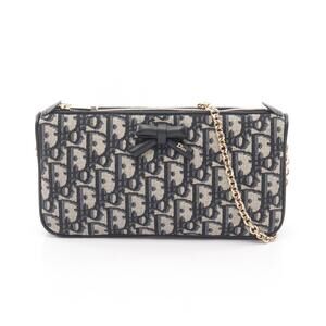 Christian Dior Oblique Bow Shoulder Bag Canvas Leather Beige Navy Blue